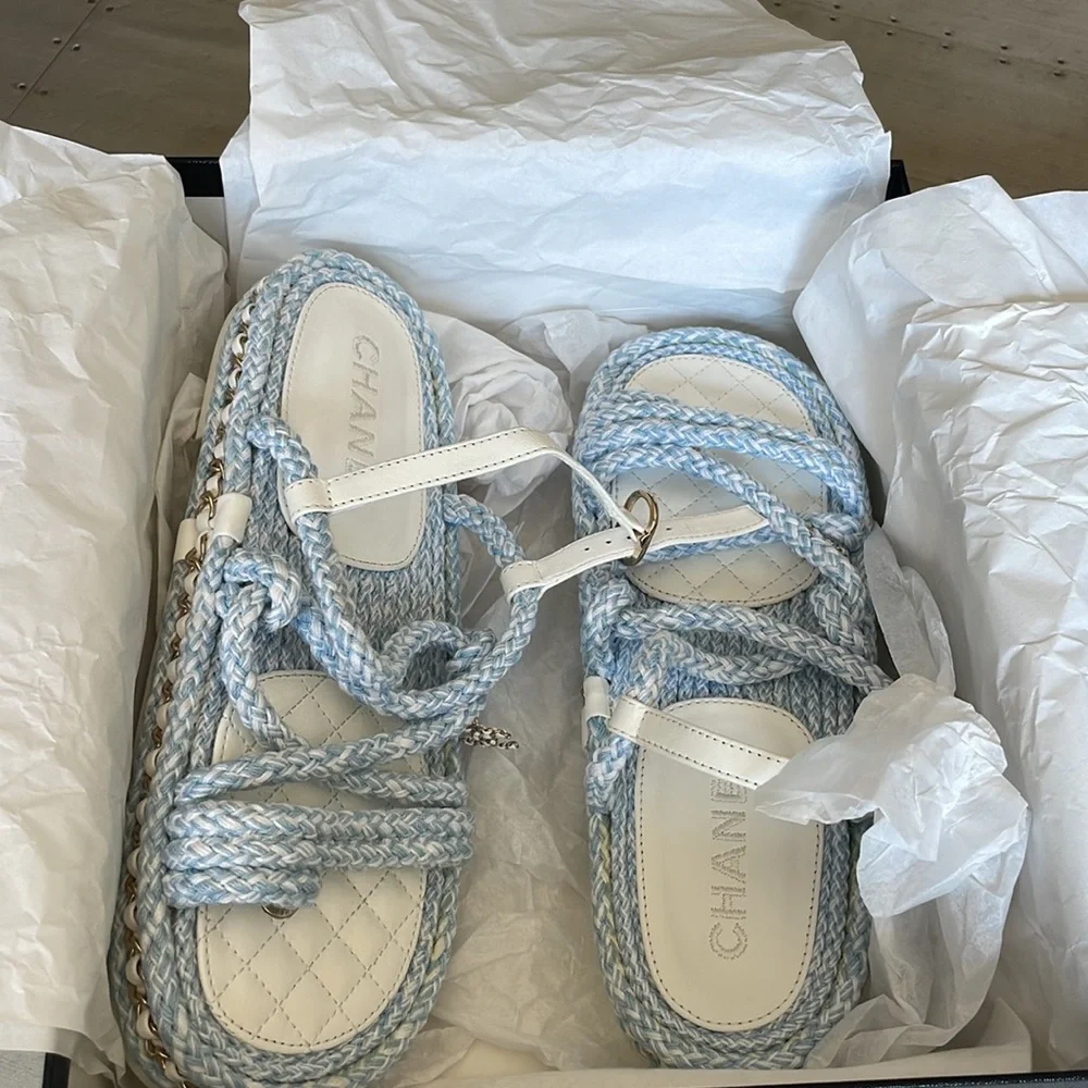 Chanel cord blue white chain charm sandal rope flats sz 39 with box $1425 - Picture 10 of 10